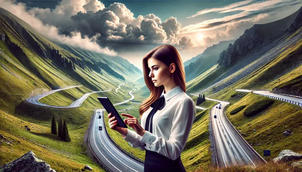 Tânără pe fundalul Transfăgărășanului, utilizând un smartphone pentru a solicita un microcredit online, cu peisaje spectaculoase din Carpați. Tânără pe fundalul Transfăgărășanului, utilizând un smartphone pentru a solicita un microcredit online, cu peisaje spectaculoase din Carpați.