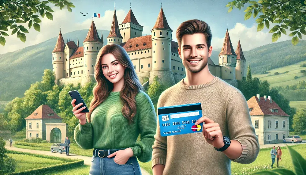 Doi tineri lângă Castelul Bran, unul cu telefon, altul cu card, simbolizând comoditatea creditelor rapide online. Doi lângă Castelul Bran, smartphone-ul și cardul evidențiază tema creditării.