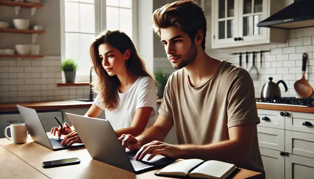 Cuplu aplicând online pentru un împrumut rapid, într-un cadru minimalist și relaxat. Un cuplu tânăr aplică online pentru un împrumut, utilizând laptopuri într-un mediu modern și confortabil.