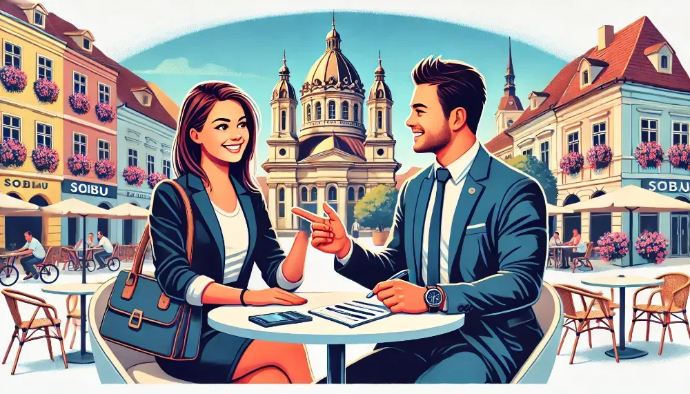 O scenă vibrantă într-o locație istorică românească, unde o specialistă financiară profesionistă interacționează cu un client fericit, într-un cadru prietenos și autentic. O specialistă financiară discută despre credite cu un client fericit, pe fundalul Pieței Mari din Sibiu.