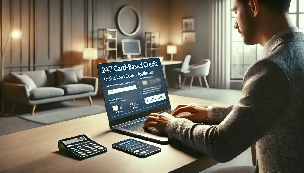 Persoană lucrând la un laptop, completând o cerere pentru un împrumut pe card disponibil 24/7, într-un mediu de casă modern, cu decor minimalist și lumină ambientală caldă. Persoană lucrând la un laptop, completând o cerere pentru un împrumut pe card disponibil 24/7, într-un mediu de casă modern, cu decor minimalist și lumină ambientală caldă.