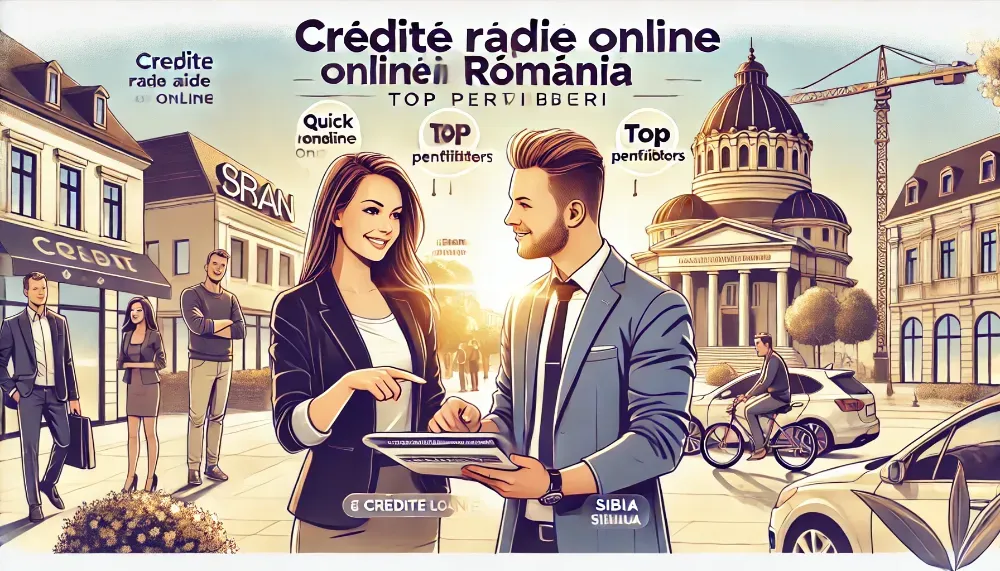 O specialistă financiară discută cu un client despre credite rapide online, pe fundalul Pieței Mari din Sibiu, cu textul „Credite Rapide Online în România: Top Furnizori